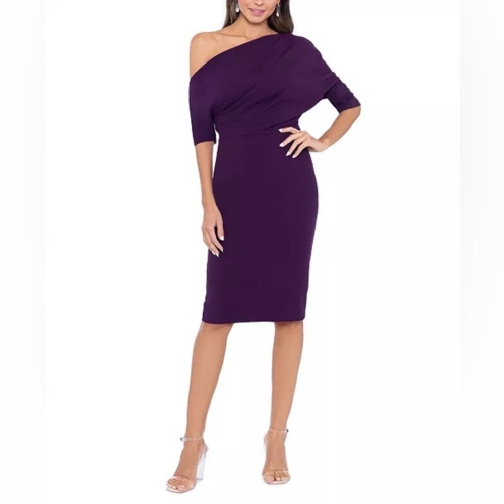 Betsy & Adam Women’s Size 6 One-Shoulder Blouson Sheathe Plum Purple Dress